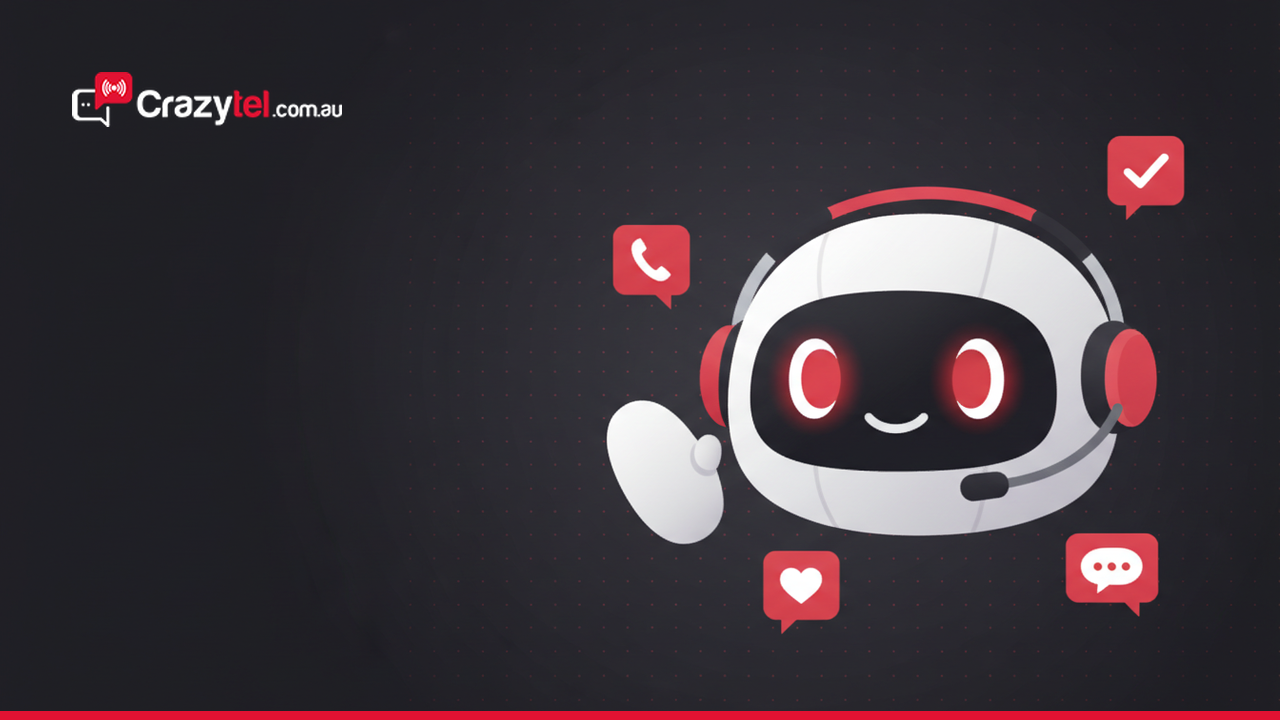 Ringo, the friendly Crazytel AI assistant, waving hello in a red support headset