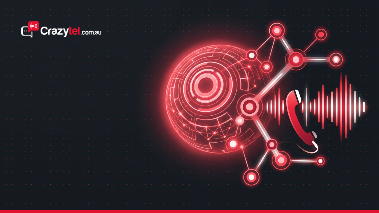 Abstract red and white neural sphere connected to a telephone handset and audio waveforms on a dark Crazytel banner