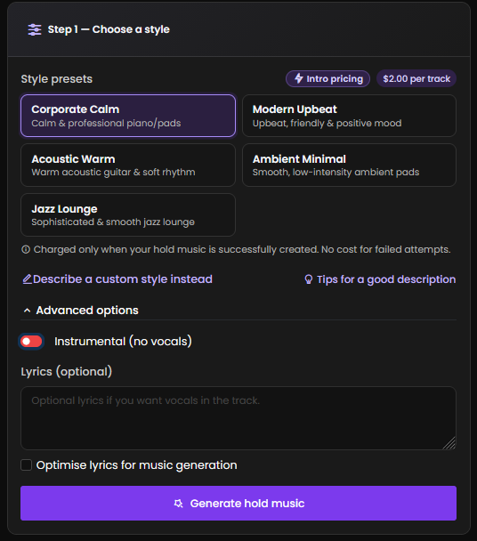 Crazytel Custom On-Hold Music generator showing style presets, lyrics options, and pricing